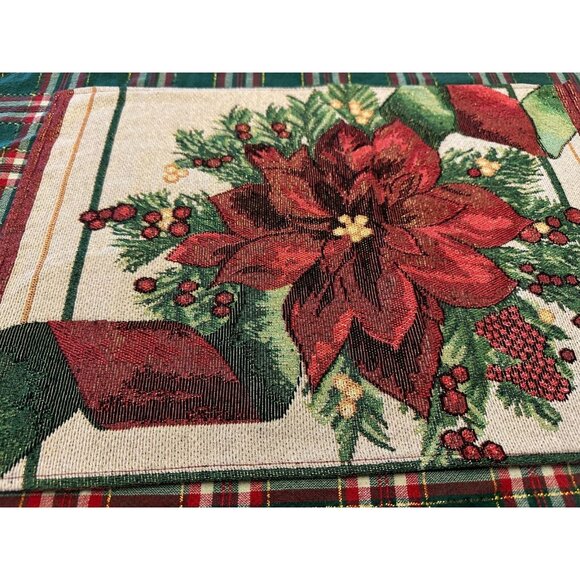 Christmas tapestry Linens 4 Placematt  1 Runner 1 tablecloth poinsettia plaid - Picture 10 of 16